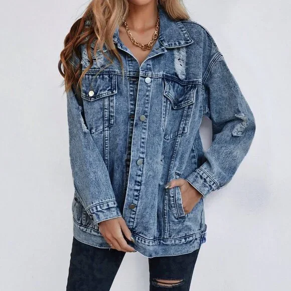 Light Wash Casual Women's Ripped Drop Shoulder Denim Coat - Picture 6 of 6